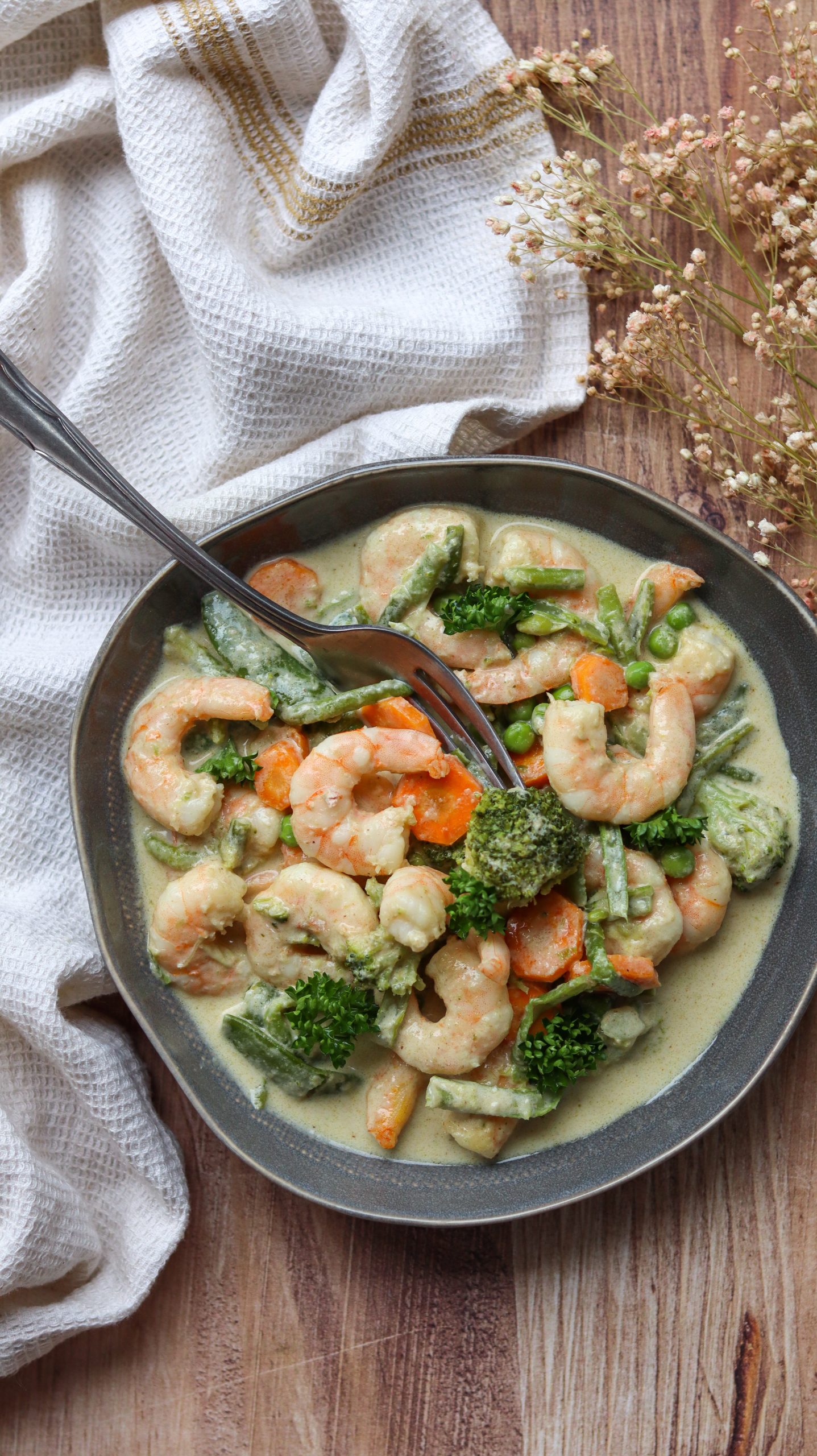 Crevettes curry vert